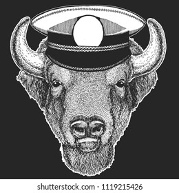 Buffalo, bison,ox, bull Vector print for children. Capitan, pirate animal. Brave sailor. Design for kindergarten, school kids clothing, t-shirts.