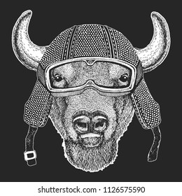 Buffalo, bison,ox, bull. Vintage motorcycle hemlet. Retro style illustration with animal biker for children, kids clothing, t-shirts. Fashion print with cool character. Speed and freedom.