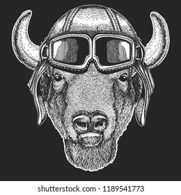 Buffalo, bison,ox, bull wearing aviator hat. Print for children clothes, tee, t-shirt. Pilot wild animal