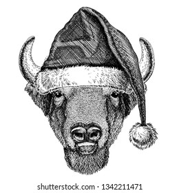 Buffalo, bison,ox, bull wearing christmas Santa Claus hat. Hand drawn image for tattoo, emblem, badge, logo, patch