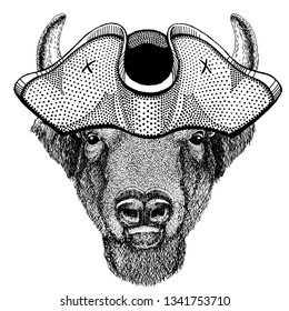 Buffalo, bison,ox, bull wearing pirate tricorn hat. Capitan costume.