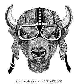 Buffalo, bison,ox, bull Wild animal wearing motorcycle, aero helmet. Biker illustration for t-shirt, posters, prints.