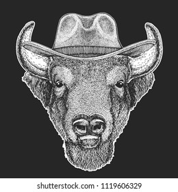 Buffalo, bison,ox, bull. Wild west. Traditional american cowboy hat. Texas rodeo. Print for t-shirt. Image for emblem, badge, logo, patch.