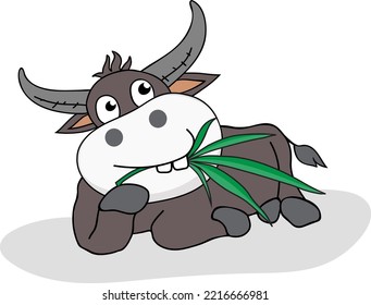 Buffalo Biting Cannabis Leaf, Cartoon Character Vector Illustration