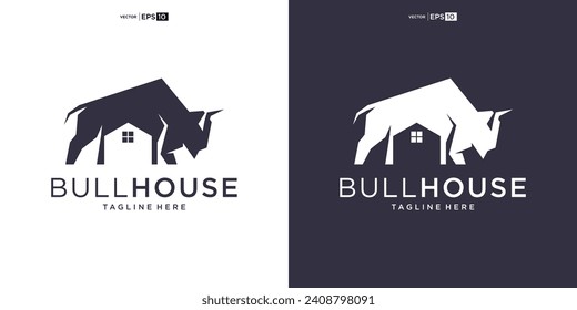 buffalo bull bison with house logo design vector icon silhouette illustration