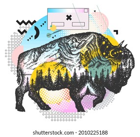 Buffalo bull. Double exposure animals. Tourism symbol, adventure, great outdoor. Vaporwave art. Surreal pop culture style. Zine culture concept 