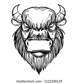 Buffalo or bull head. Outline vector illustration isolated on white background for tattoos, posters, printing on T-shirts and other items.