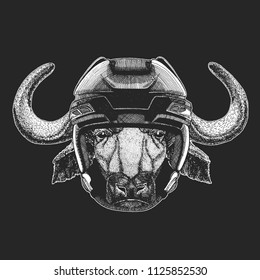 Buffalo, bull, ox Wild animal wearing hockey helmet. Print for t-shirt design.