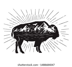 Buffalo Bull Tattoo And T-shirt Design. Magic Tribal Bison Double Exposure Animals. Travel Symbol, Adventure Tourism. Mountain, Forest, Night Sky 