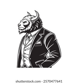 Buffalo businessman engraving sketch vector.