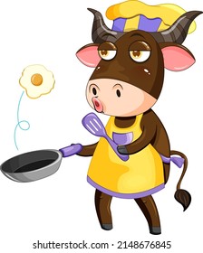 Buffalo cartoon character cooking breakfast illustration