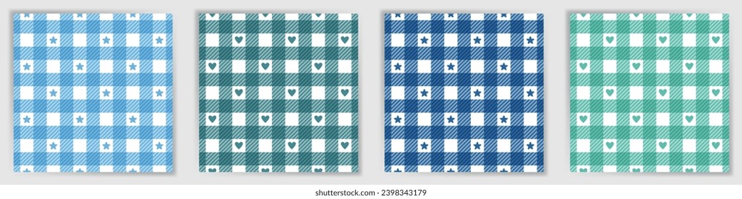 Los búfalos revisan la colección de ornamentos interminables. Sencilla impronta de tela a cuadros de gingham con estrellas y corazones. Cornamentos a rayas para la impresión textil poncho.