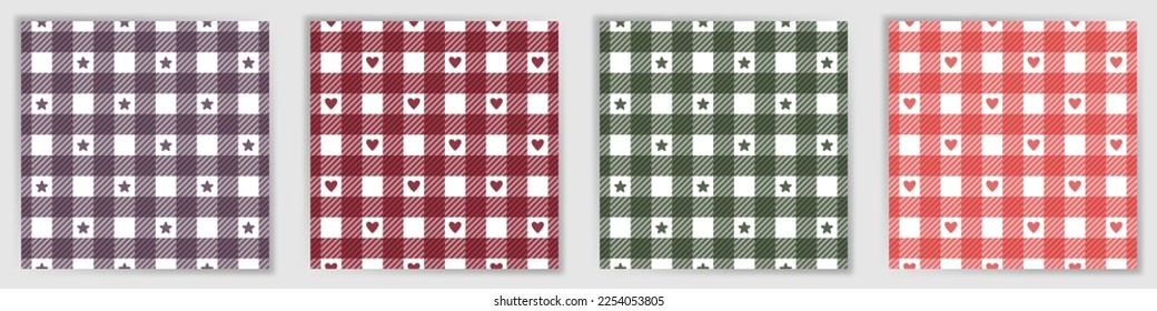 Buffalo check endless ornament set. English gingham checkered plaid textile print collection with stars and hearts. Buffalo check geometric patterns for handkerchief fabric print.