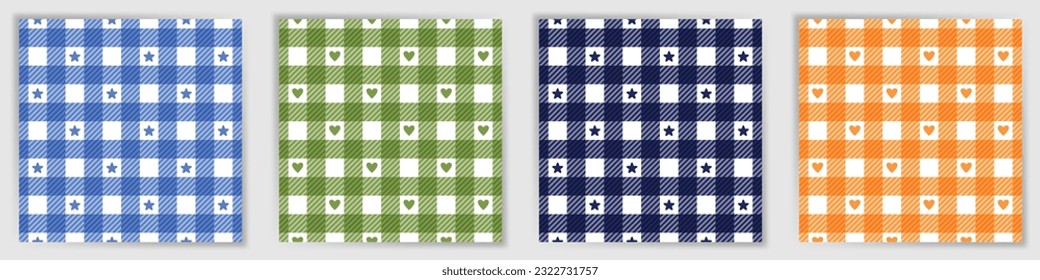 Buffalo check endless ornament set. Celtic gingham checkered plaid textile print collection with stars and hearts. Buffalo check square ornaments for pillowcase fabric print.