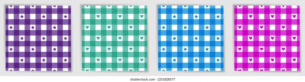 Buffalo check endless pattern collection. Classic gingham checkered plaid fabric print set with stars and hearts. Buffalo check square patterns for bedclothes textile print.