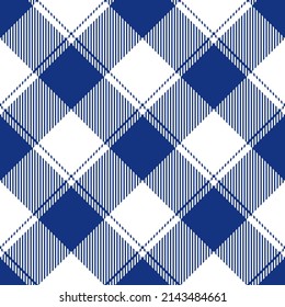 Buffalo check pattern in royal blue and white. Seamless asymmetric gingham vichy tartan for flannel shirt, tablecloth, picnic blanket, other spring summer autumn holiday fashion fabric design.