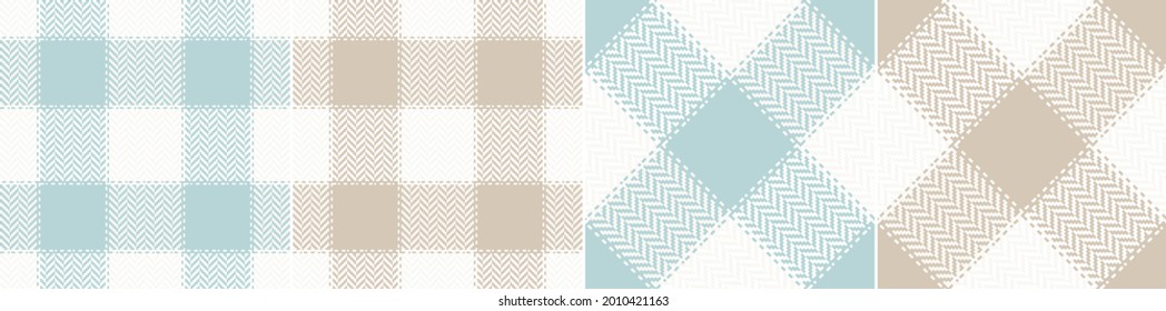 Buffalo check pattern set in blue, beige, white. Seamless light stitched gingham tartan plaid background for wallpaper, flannel shirt, dress, skirt, other modern spring summer autumn winter design.