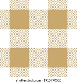 Buffalo check plaid geometric pixel art in gold and white. Seamless gingham vichy graphic background for tablecloth, flannel shirt, skirt, other modern spring autumn winter fashion textile print.