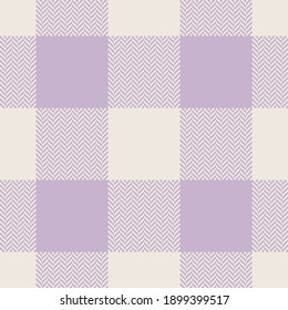 Buffalo check plaid in pastel lilac. Herringbone textured seamless light vector background for spring and summer flannel shirt, skirt, dress, blanket, tablecloth, other modern fashion textile print.