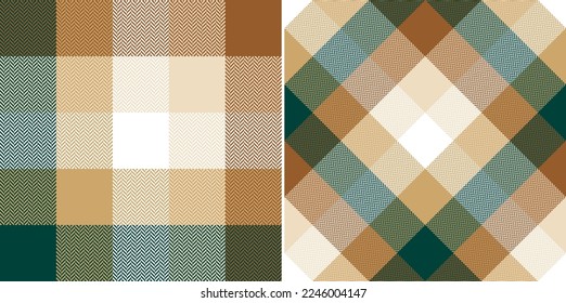 Buffalo check plaid pattern for autumn winter in beige, gold, brown, green. Seamless herringbone tartan set for scarf, blanket, flannel shirt, duvet cover, throw, other holiday fashion textile print.