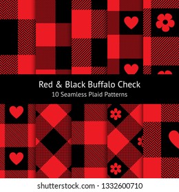 Buffalo check plaid pattern in black & red.  Flowers & hearts elements. Seamless pixel plaid for shirt, dress, poncho, scarf, or other textile. Valentine's Day fabric pattern. Large checks.