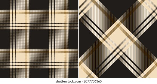 Buffalo check plaid pattern in black, gold brown, beige. Seamless textured asymmetric dark tartan vector set for autumn winter flannel shirt, blanket, duvet cover, other modern fashion fabric print.