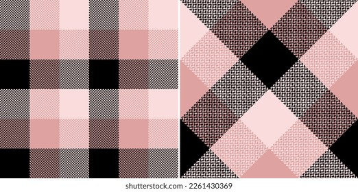 Buffalo check plaid pattern in black and powder pink. Seamless mosaic tartan vector set for flannel shirt, skirt, scarf, blanket, duvet cover, other spring summer autumn winter fashion fabric design.