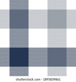 Buffalo check plaid pattern in blue, grey, white. Herringbone textured seamless tartan graphic for flannel shirt, skirt, tablecloth, or other modern spring summer autumn winter fashion textile print.