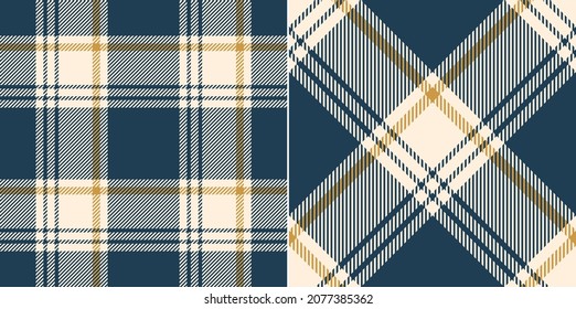 Buffalo check plaid pattern in blue, gold, off white. Seamless textured asymmetric tartan set for flannel shirt, blanket, duvet cover, other modern spring summer autumn winter fashion textile print.