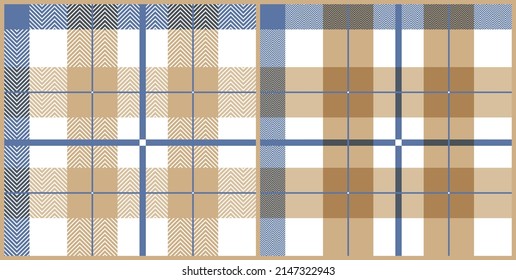 Buffalo check plaid pattern in blue, brown, beige. Seamless herringbone tartan plaid vector for autumn winter scarf, flannel shirt, blanket, duvet cover, other modern fashion textile design. Eps 10