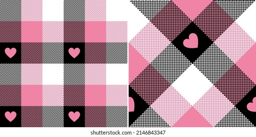 Buffalo check plaid pattern with cute hearts for Valentines Day in black, pink, white. Seamless tartan set for flannel shirt, scarf, skirt, blanket, other modern spring summer autumn winter design.