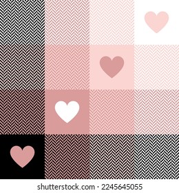 Buffalo check plaid pattern with hearts for Valentine's Day design. Seamless black, powder pink, white cute herringbone tartan for scarf, blanket, duvet cover, other spring summer autumn winter print.