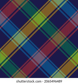 Buffalo check plaid pattern. Multicolored diagonal vector in blue, green, red, yellow, black. Seamless vichy tartan for flannel shirt, blanket, duvet cover, other spring summer fashion fabric design.