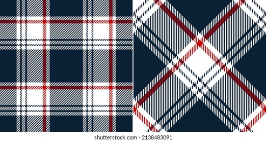 Buffalo check plaid pattern in navy blue, red, white. Seamless textured asymmetric dark tartan set for autumn winter flannel shirt, blanket, duvet cover, other modern fashion fabric print.