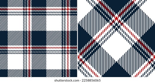 Buffalo check plaid pattern in navy blue, red, white. Seamless textured asymmetric dark tartan set for autumn winter flannel shirt,  pyjamas, blanket, other modern holiday fashion textile design.