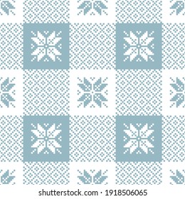 Buffalo check plaid pattern nordic Christmas in blue grey and white. Seamless decorative pixel art with snowflakes for tablecloth, gift wrapping paper, other modern Scandinavian textile or paper.