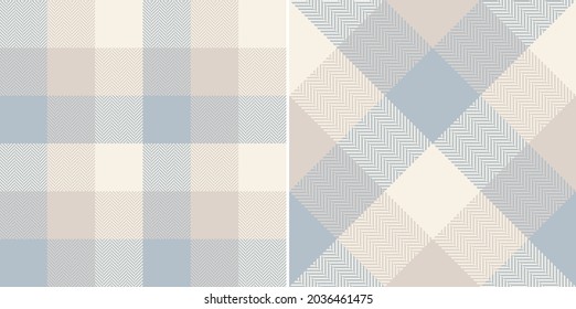 Buffalo check plaid pattern in pale blue and beige. Seamless herringbone tartan vector for spring autumn winter scarf, flannel shirt, blanket, duvet cover, other modern fashion textile design.