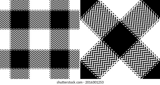 Buffalo check plaid pattern set in black and white. Seamless monochrome neutral stitched gingham tartan vector for scarf, skirt, jacket, other modern spring summer autumn winter fashion textile print.