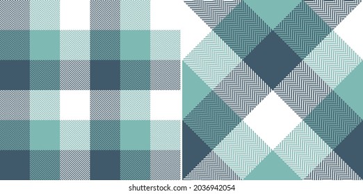 Buffalo check plaid pattern in turquoise green blue and white. Seamless herringbone tartan plaid vector for spring scarf, flannel shirt, blanket, duvet cover, other modern fashion textile design.