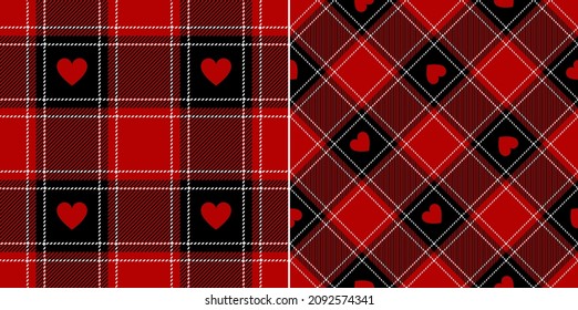 Buffalo check plaid pattern for Valentines Day with hearts in red, black, white. Seamless stitched tartan for dress, flannel shirt, jacket, blanket, duvet cover, other spring autumn winter textile.