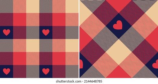 Buffalo check plaid pattern for Valentines Day with cute hearts in navy blue, red, beige. Seamless tartan set for flannel shirt, scarf, skirt, blanket, other modern spring summer autumn winter print.