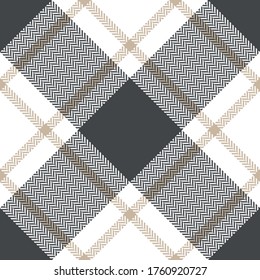 Buffalo Check Plaid Pattern Vector In Grey, Beige, White. Seamless Diagonal Herringbone Tartan Plaid For Flannel Shirt, Skirt, Or Other Modern Autumn Winter Textile Print.