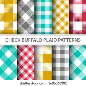 Buffalo check plaid patterns. Set of seamless vector lumberjack ornament. Hipster flannel shirt background design. Patterns for business card, brochure design, fabric and cloth. Retro vintage colors