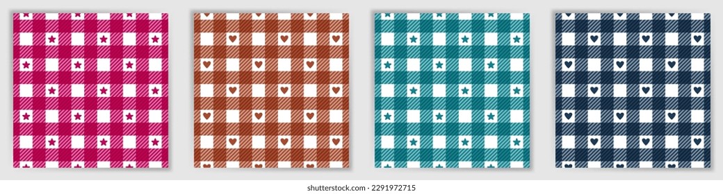 La comprobación de búfalos permite la recopilación de patrones sin problemas. Impresión textil de chapa a cuadros de gingham con estrellas y corazones. Los búfalos revisan los patrones cuadrados para la impresión de tela.
