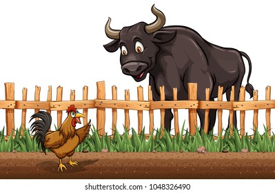 Buffalo and chicken on the farm illustration