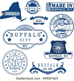 Buffalo city, New York. Set of generic stamps and signs including Buffalo city seal elements. svg