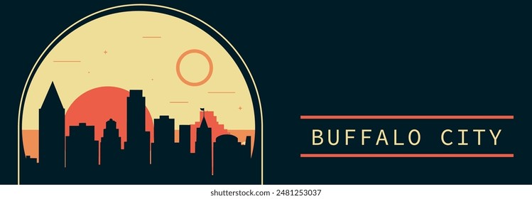 Anuncio de Vector estilo retro de la ciudad de Buffalo con horizonte, paisaje urbano. EE.UU. Nueva York estado vintage ilustración Horizontal. Diseño de viajes de los Estados Unidos de América para presentación de Web, encabezado, pie de página