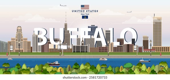 Buffalo city skyline colorful vector illustration. Travel poster