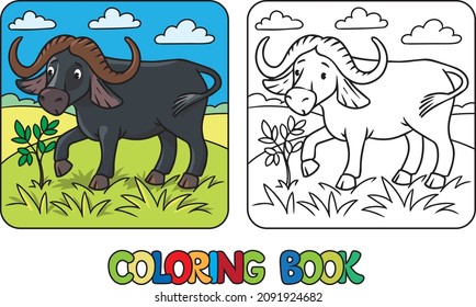 Buffalo. Coloring picture or coloring book of funny grazing wild animal. Vector illustration for kids