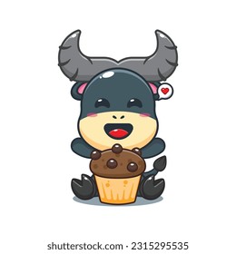 buffalo with cup cake cartoon vector illustration.